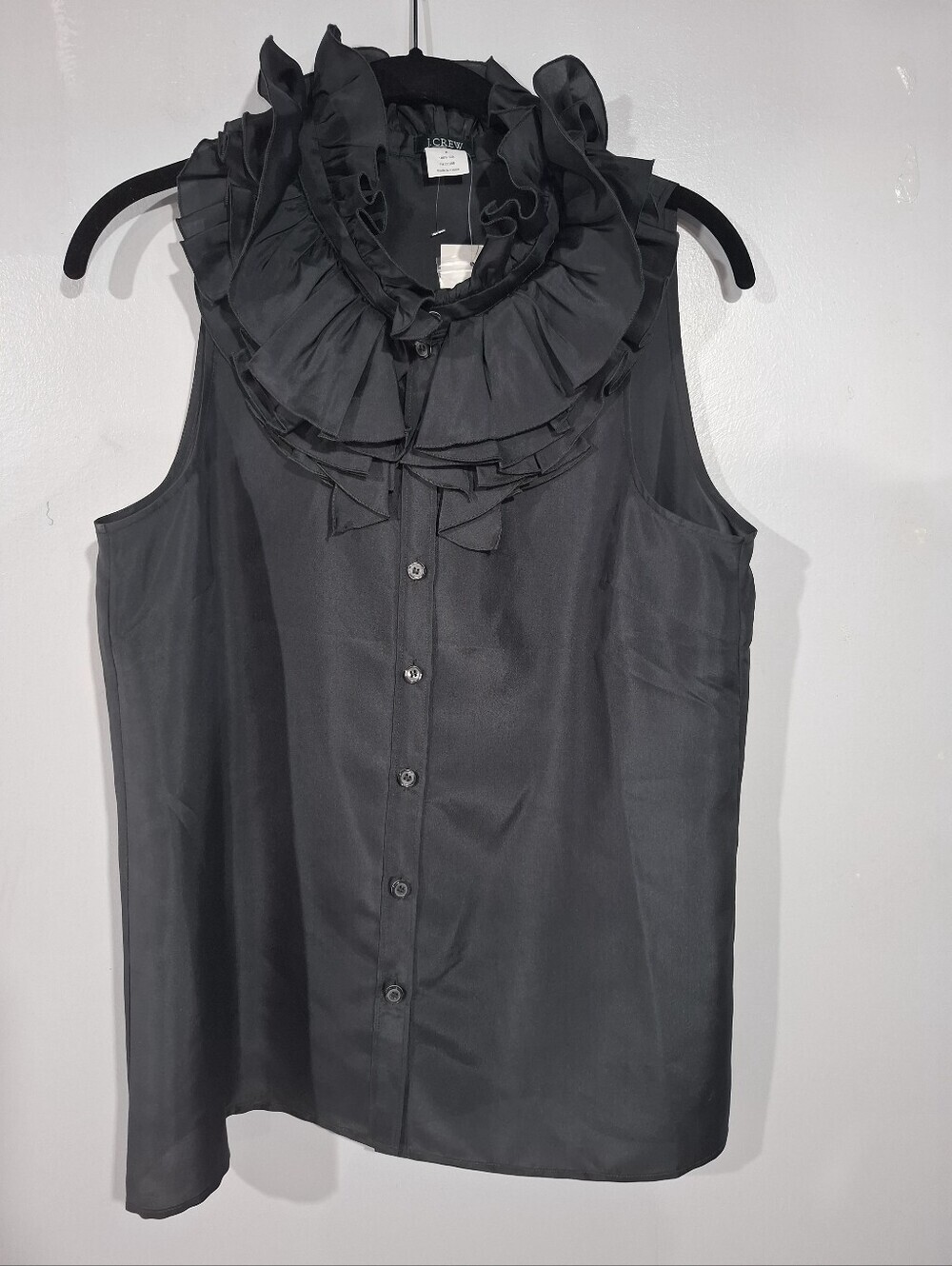 J. Crew Black Ruffle Mock-Neck Sleeveless Blouse 100% Silk Sz 8 NWT Basic Preppy